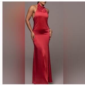 JLUXLABEL red satin Halter neck  Backless Gown size small